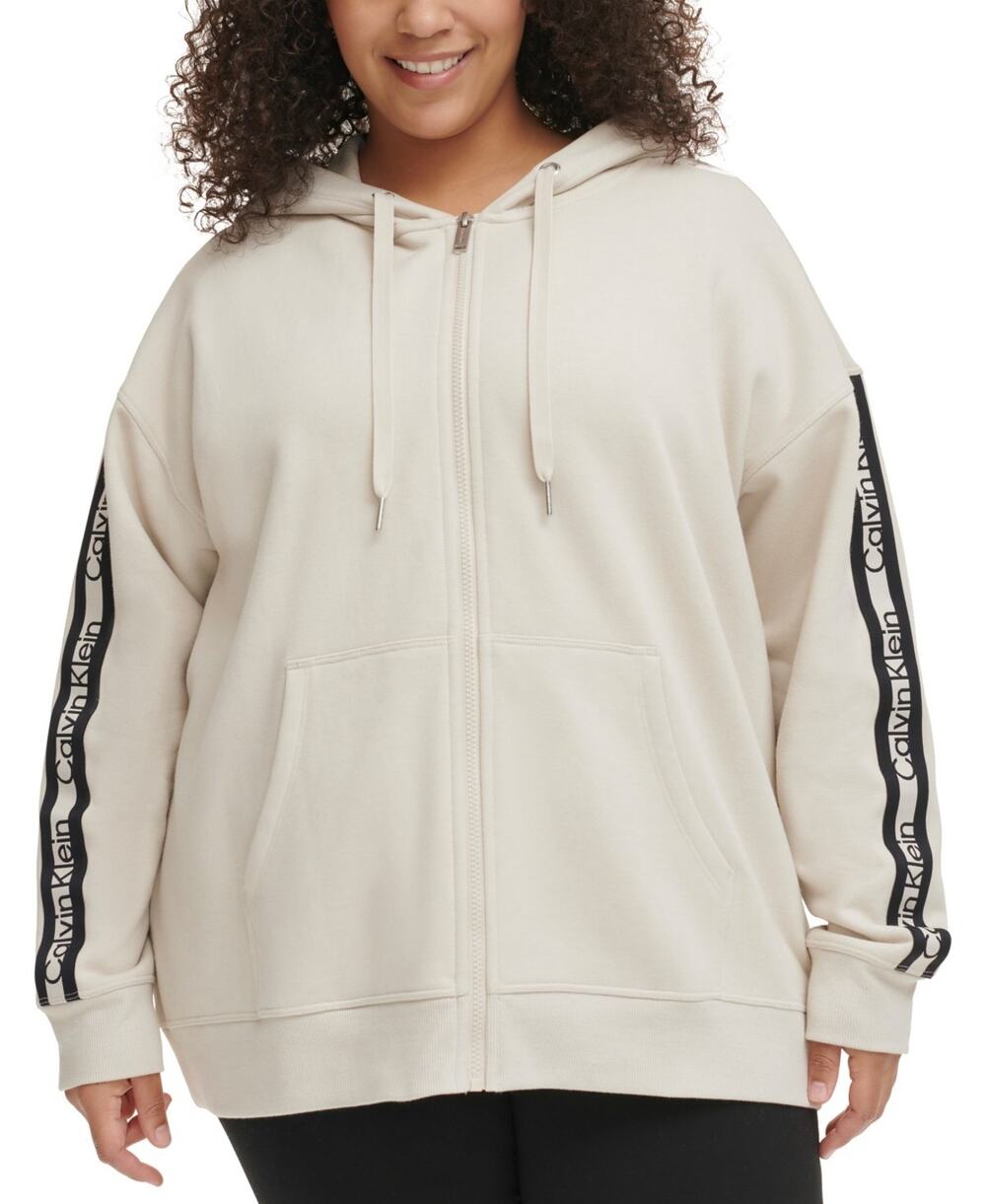 Calvin Klein Performance Plus Size Logo-Stripe Hoodie Chalk Size 1X 3258